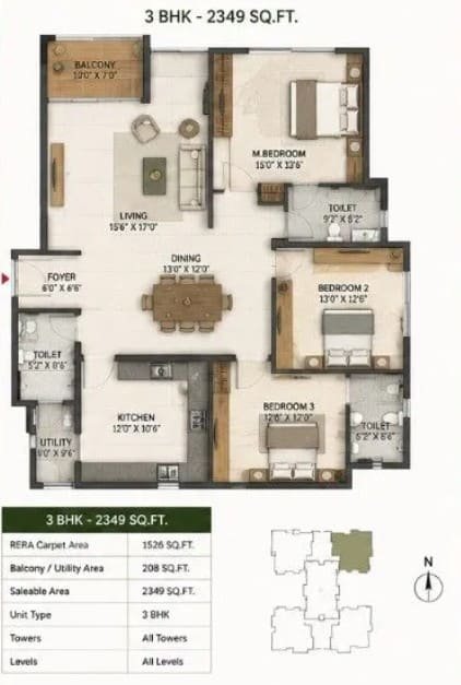 3 bhk 2349 Sq Ft unit plan