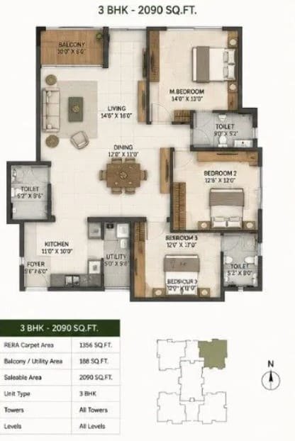 3bhk 2090 Sq Ft unit plan